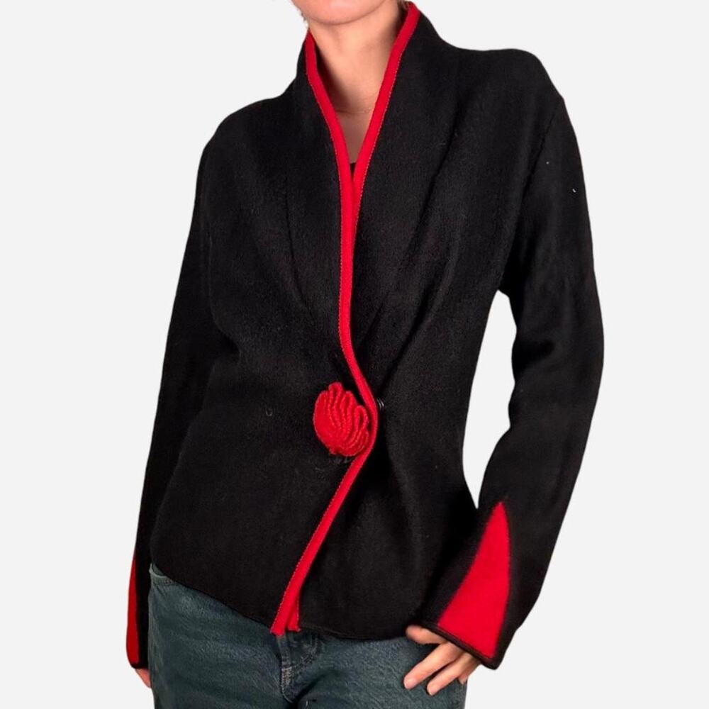 South Wool size large cardigan sweater black red with rose detail